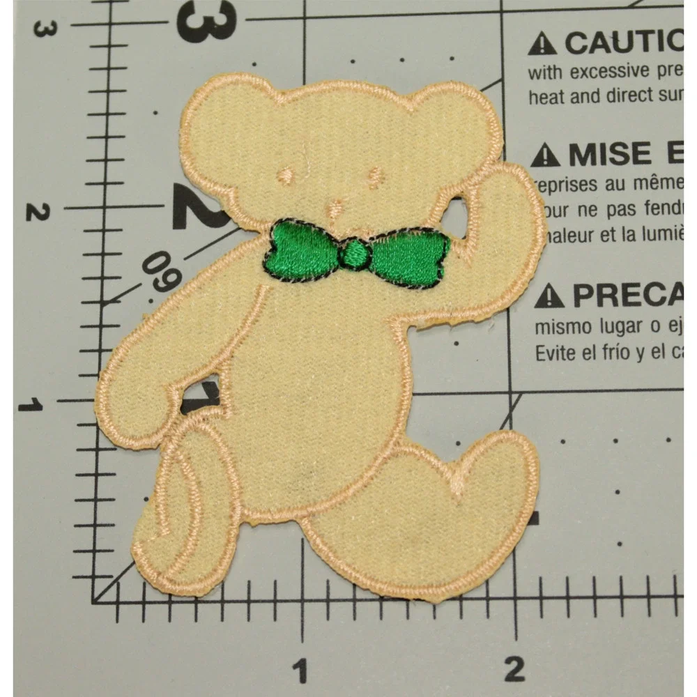Vintage Teddy Bear Cream Green Bowtie Waving Iron On Patch Applique